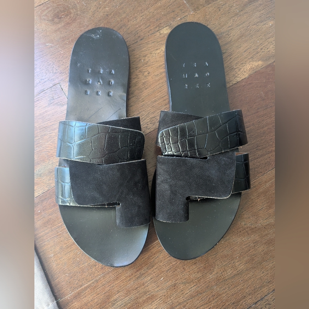 TRA MAD RKE BlacK Suede and Leather Slide Sandals, Size 38